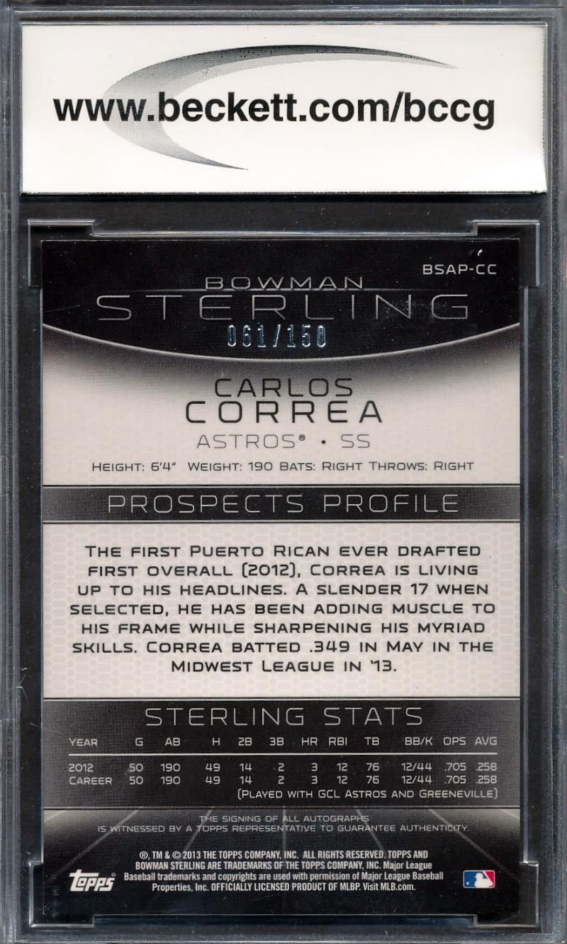 Carlos Correa Signed 2013 Bowman Sterling Prospect Refractor 61/150 RC (BCCG 10) at PristineAuction.com Carlos Correa Signed 2013 Bowman Sterling Prospect Refractor 61/150 RC (BCCG 10) at PristineAuction.com