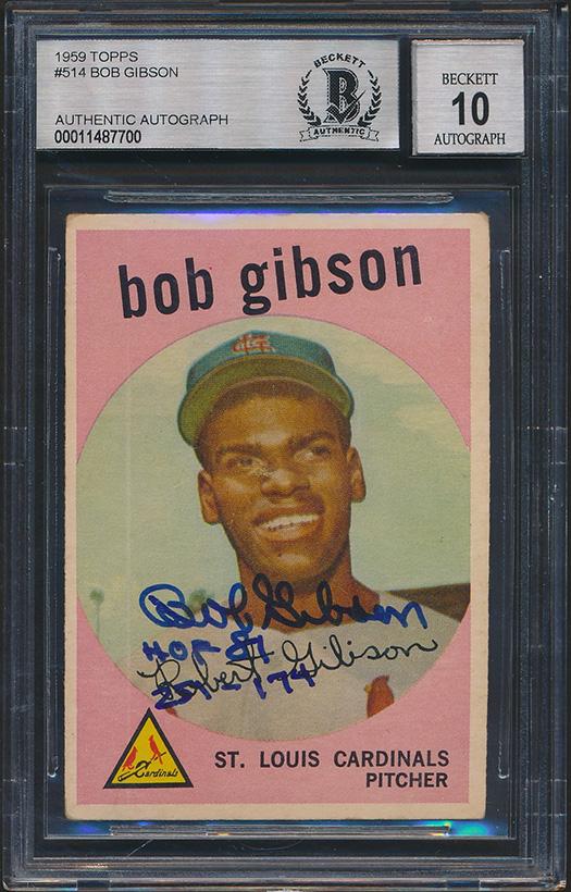 Bob Gibson Signed 1959 Topps #514 RC Inscribed "HOF 1981" & "251 - 174" (BGS | Autograph Graded BGS 10) at PristineAuction.com Bob Gibson Signed 1959 Topps #514 RC Inscribed "HOF 1981" & "251 - 174" (BGS | Autograph Graded BGS 10) at PristineAuction.com