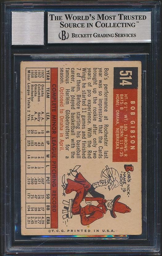 Bob Gibson Signed 1959 Topps #514 RC Inscribed "HOF 1981" & "251 - 174" (BGS | Autograph Graded BGS 10) at PristineAuction.com Bob Gibson Signed 1959 Topps #514 RC Inscribed "HOF 1981" & "251 - 174" (BGS | Autograph Graded BGS 10) at PristineAuction.com