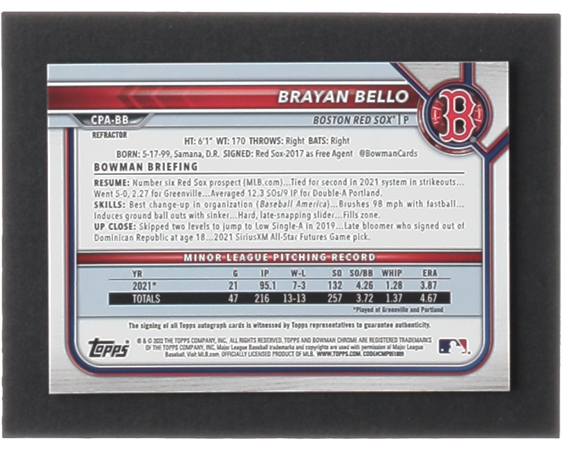 Brayan Bello 2022 Bowman Chrome Prospect Autographs Refractors #CPABB #153/499 RC at PristineAuction.com Brayan Bello 2022 Bowman Chrome Prospect Autographs Refractors #CPABB #153/499 RC at PristineAuction.com