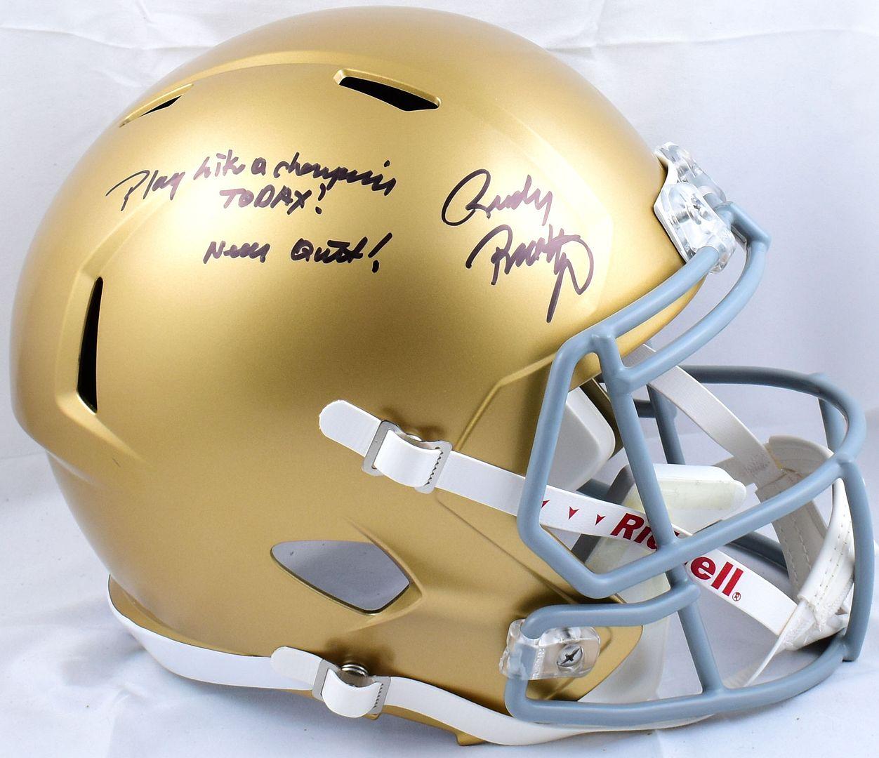 Rudy Ruettiger Signed Notre Dame Fighting Irish Full-Size Speed Helmet Inscribed "Play Like A Champion Today!" & "Never Quit!" (Beckett & Prova) at PristineAuction.com Rudy Ruettiger Signed Notre Dame Fighting Irish Full-Size Speed Helmet Inscribed "Play Like A Champion Today!" & "Never Quit!" (Beckett & Prova) at PristineAuction.com