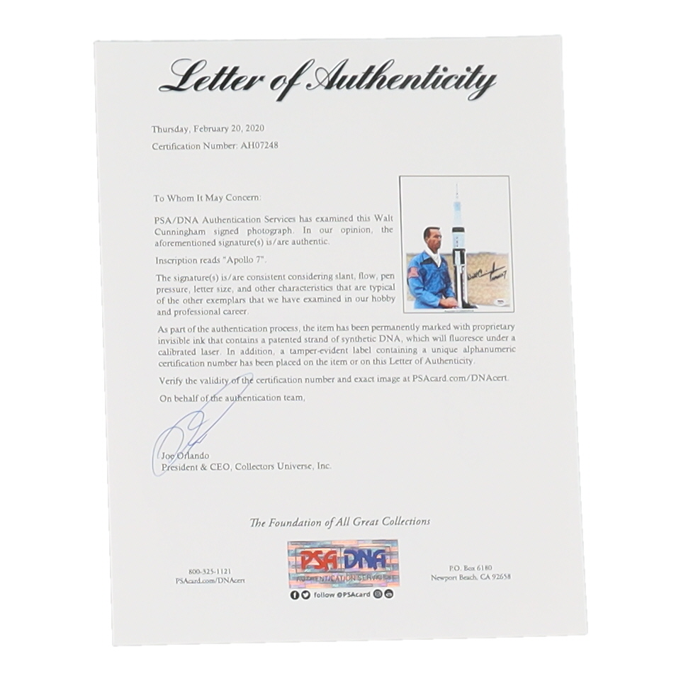 Walter Cunningham Signed Apollo 7 8x10 Photo Inscribed "Apollo 7" (PSA) at PristineAuction.com Walter Cunningham Signed Apollo 7 8x10 Photo Inscribed "Apollo 7" (PSA) at PristineAuction.com