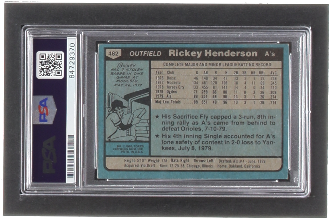 Rickey Henderson Signed 1980 Topps #482 RC (PSA | Autograph Grade 10) at PristineAuction.com Rickey Henderson Signed 1980 Topps #482 RC (PSA | Autograph Grade 10) at PristineAuction.com