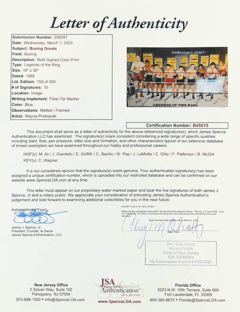 "Legends of The Ring" LE Custom Framed Lithograph Signed By (10) with Muhammad Ali, Joey Giardello, Emile Griffith, Chuck Wepner (JSA) at PristineAuction.com "Legends of The Ring" LE Custom Framed Lithograph Signed By (10) with Muhammad Ali, Joey Giardello, Emile Griffith, Chuck Wepner (JSA) at PristineAuction.com