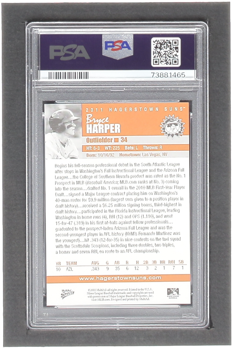 Bryce Harper 2011 Hagerstown Suns Bryce Harper Multi-Ad #1 RC / Bat Up (PSA 10) at PristineAuction.com Bryce Harper 2011 Hagerstown Suns Bryce Harper Multi-Ad #1 RC / Bat Up (PSA 10) at PristineAuction.com