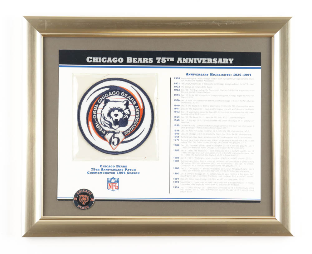 1994 Bears 75th Anniversary Patch Card With Team Pin Custom Framed Display at PristineAuction.com 1994 Bears 75th Anniversary Patch Card With Team Pin Custom Framed Display at PristineAuction.com