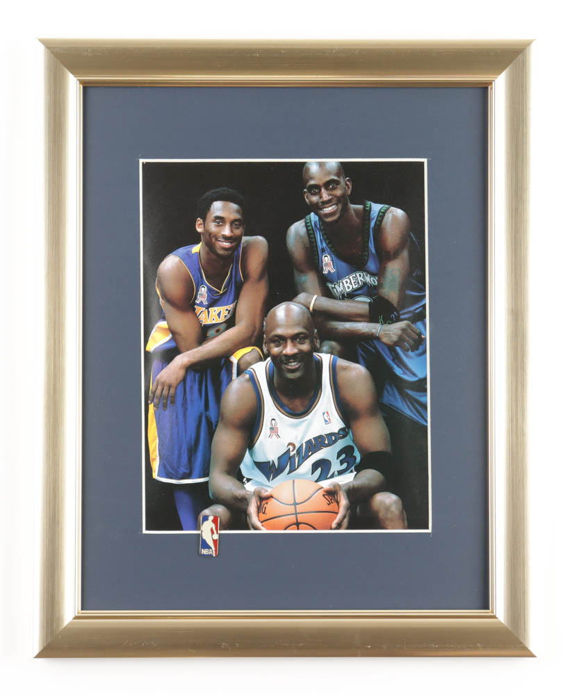 Kobe Bryan, Kevin Garnett & Michael Jordan Custom Framed Photo Display With NBA Logo Pin at PristineAuction.com Kobe Bryan, Kevin Garnett & Michael Jordan Custom Framed Photo Display With NBA Logo Pin at PristineAuction.com