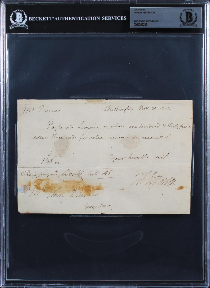 Thomas Jefferson Signed 4.75x7.25 1802 Handwritten Letter (BAS ...
