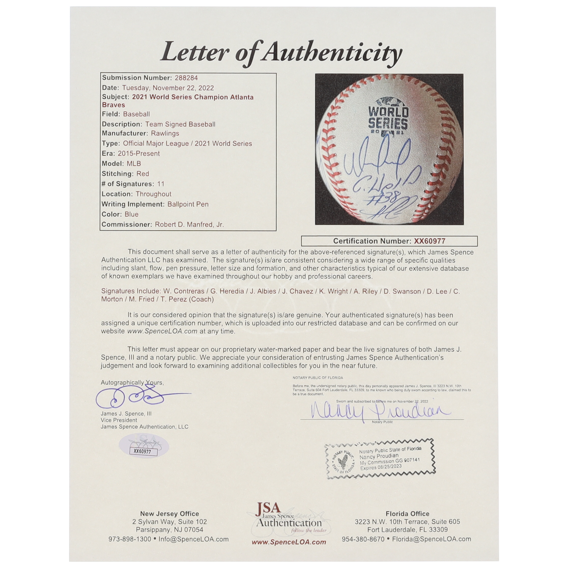 Braves 2021 World Series Baseball Team-Signed by (11) with William Contreras, Guillermo Heredia, Ozzie Albies, Jesse Chavez, Kyle Wright (JSA) at PristineAuction.com Braves 2021 World Series Baseball Team-Signed by (11) with William Contreras, Guillermo Heredia, Ozzie Albies, Jesse Chavez, Kyle Wright (JSA) at PristineAuction.com