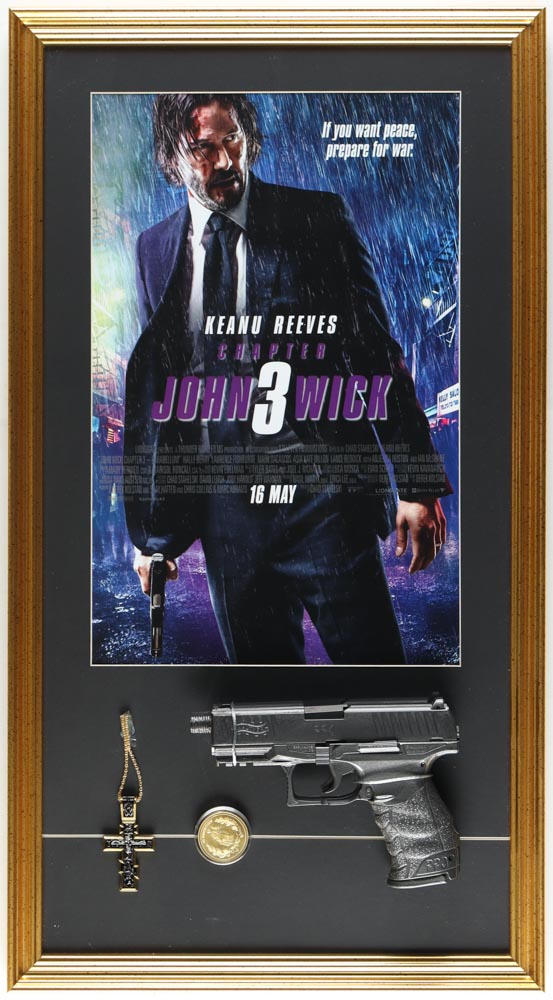 "John Wick Chapter 3" Custom Framed Movie Poster Display with Movie Prop Replica Marker Coin, Cross & Pistol at PristineAuction.com "John Wick Chapter 3" Custom Framed Movie Poster Display with Movie Prop Replica Marker Coin, Cross & Pistol at PristineAuction.com
