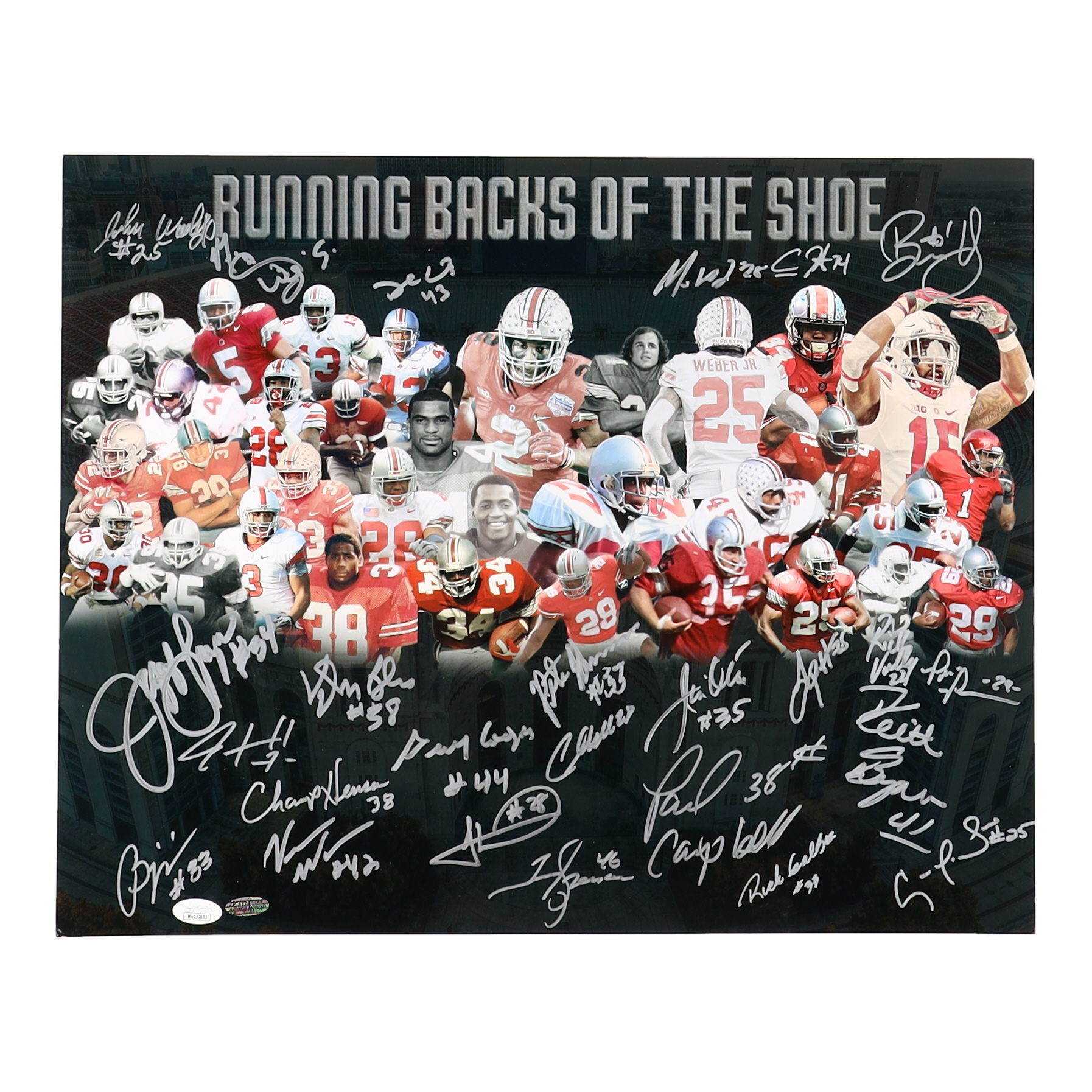 Ohio State Buckeyes "Running Backs of The Shoe" 16x20 Photo Signed By (23) with Tim Spencer, Carlos Hyde, Jim Otis (JSA & Playball Ink) at PristineAuction.com Ohio State Buckeyes "Running Backs of The Shoe" 16x20 Photo Signed By (23) with Tim Spencer, Carlos Hyde, Jim Otis (JSA & Playball Ink) at PristineAuction.com