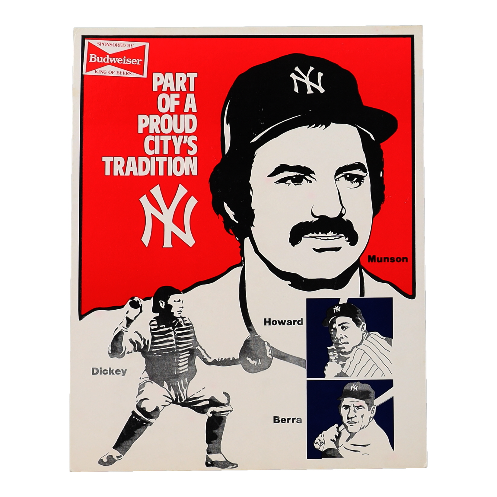 Vintage 1970s Yankees Budweiser Heavy Cardboard Counter Stand-Up Sign with Yogi Berra & Thurman Munson at PristineAuction.com Vintage 1970s Yankees Budweiser Heavy Cardboard Counter Stand-Up Sign with Yogi Berra & Thurman Munson at PristineAuction.com