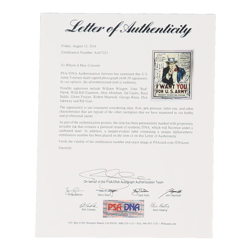 U.S. Army Veterans 11x14 Photo Signed by (29) with Melvin E. Biddle, Bud Compton, John D. "Bud" Hawk, Ed Mauser with Multiple Inscriptions (PSA) at PristineAuction.com U.S. Army Veterans 11x14 Photo Signed by (29) with Melvin E. Biddle, Bud Compton, John D. "Bud" Hawk, Ed Mauser with Multiple Inscriptions (PSA) at PristineAuction.com