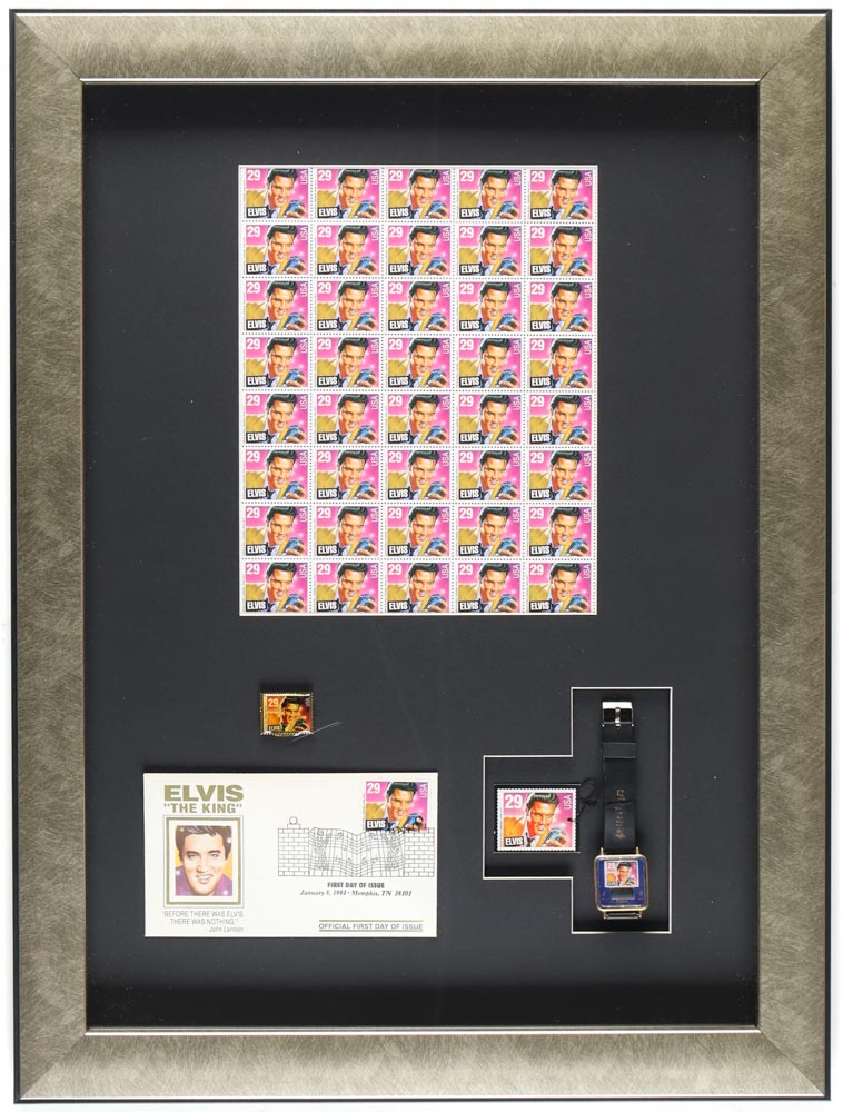 Elvis Presley Custom Framed Uncut Stamp Sheet Display With Stamp Release Pin, Letter, Pin & Watch at PristineAuction.com Elvis Presley Custom Framed Uncut Stamp Sheet Display With Stamp Release Pin, Letter, Pin & Watch at PristineAuction.com