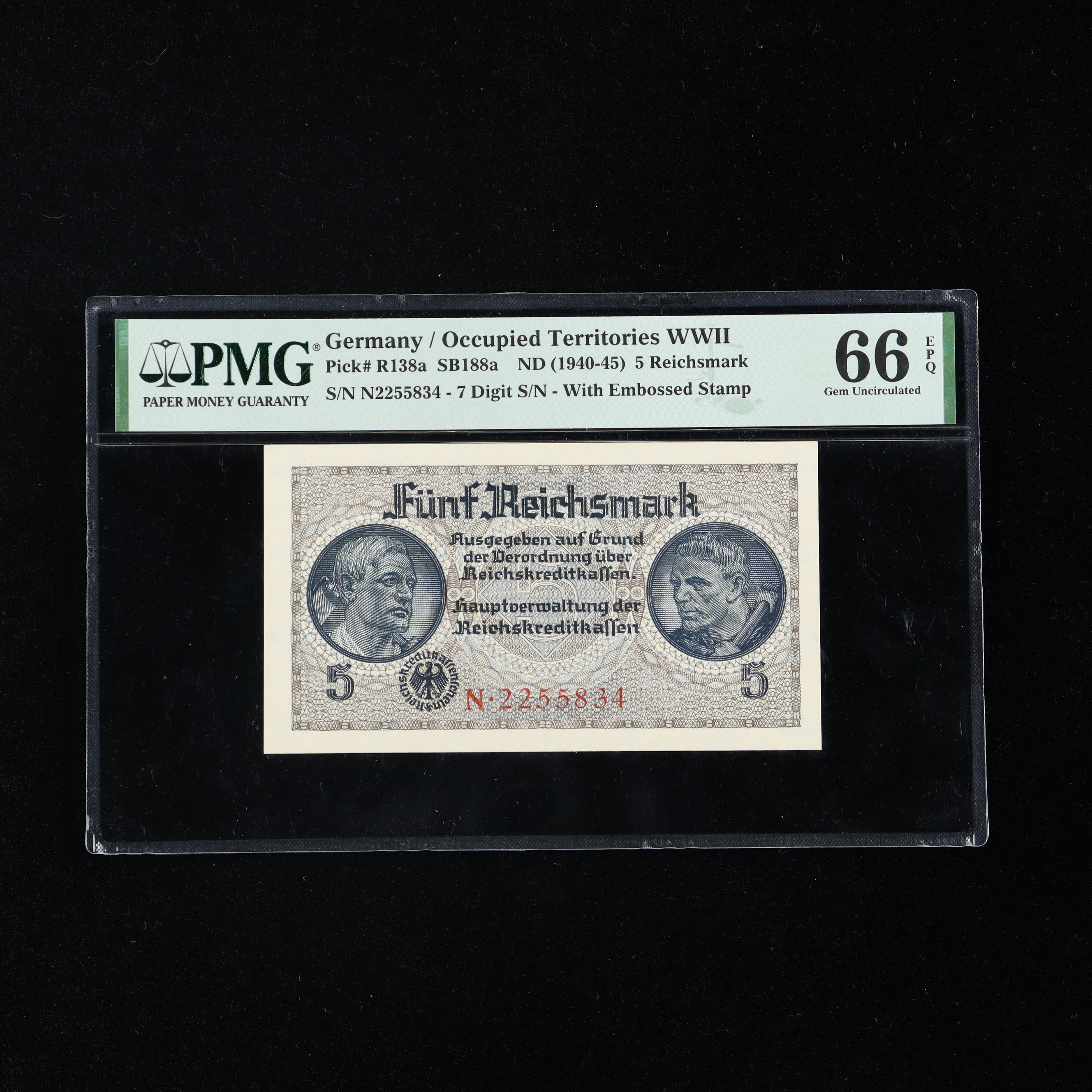 1940 45 Germany 5 Five Reichsmark Currency Note PMG 66 EPQ Pristine 