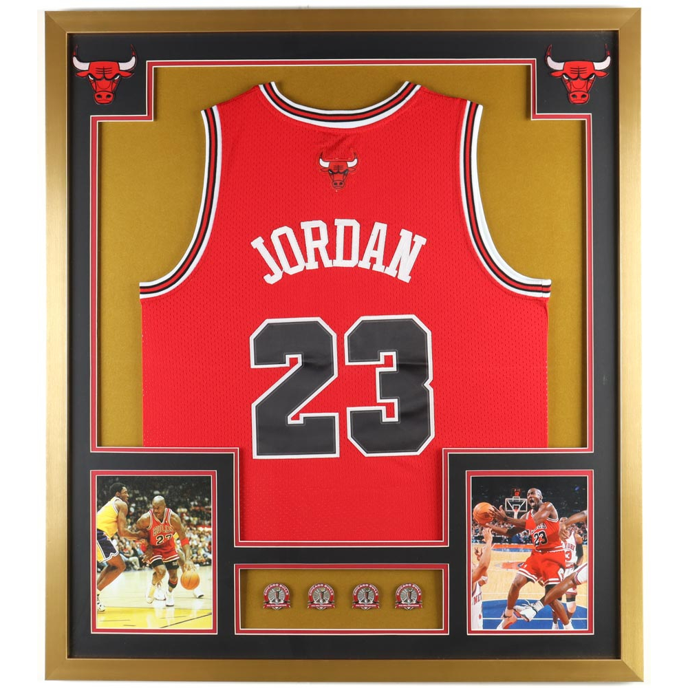 Michael Jordan Custom Framed Jersey Display With (4) Bulls Championship