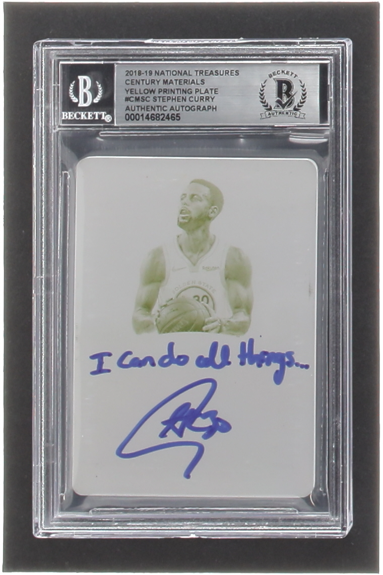 Stephen Curry Signed 2018-19 National Treasures Century Materials Yellow Printing Plate #CMSC #1/1 Inscribed "I Can Do All Things..." (BGS | Auto 10) at PristineAuction.com Stephen Curry Signed 2018-19 National Treasures Century Materials Yellow Printing Plate #CMSC #1/1 Inscribed "I Can Do All Things..." (BGS | Auto 10) at PristineAuction.com