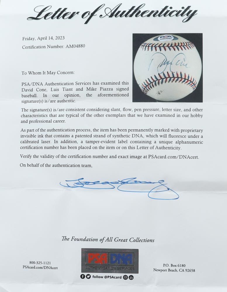 David Cone, Luis Tiant & Mike Piazza Signed 1999 All-Star Game Baseball with Display Case (PSA) at PristineAuction.com David Cone, Luis Tiant & Mike Piazza Signed 1999 All-Star Game Baseball with Display Case (PSA) at PristineAuction.com