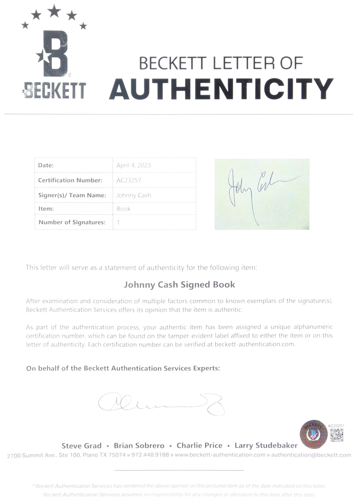 Johnny Cash Signed "Man In Black" Hardcover Book (Beckett) at PristineAuction.com Johnny Cash Signed "Man In Black" Hardcover Book (Beckett) at PristineAuction.com