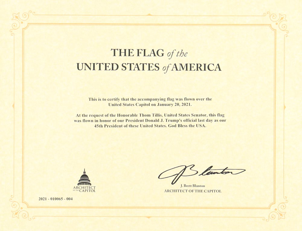American Flag Flown Over the Capitol Commemorating President Donald Trump's Last Day in Office (Architect of the Capitol) at PristineAuction.com American Flag Flown Over the Capitol Commemorating President Donald Trump's Last Day in Office (Architect of the Capitol) at PristineAuction.com