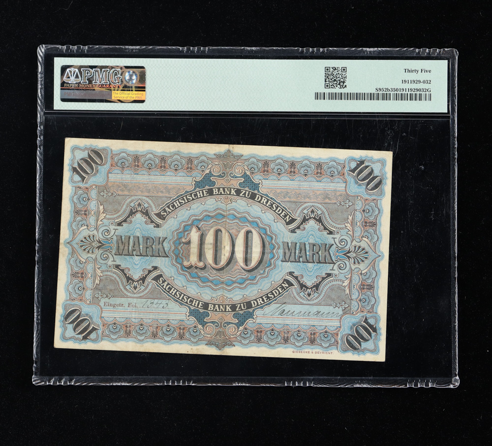 1911 German States 100 Mark Sachsische Bank Currency Note (PMG 35) at PristineAuction.com 1911 German States 100 Mark Sachsische Bank Currency Note (PMG 35) at PristineAuction.com