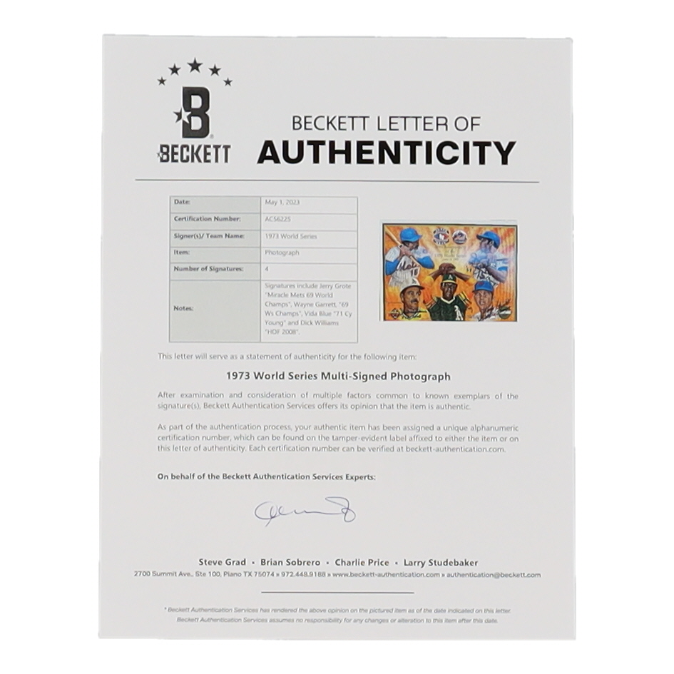 1973 World Series Players Signed 8x10 Photo With Multiple Inscriptions By (4) with Vida Blue, Jerry Grote, Wayne Garrett, & Dick Williams (Beckett) at PristineAuction.com 1973 World Series Players Signed 8x10 Photo With Multiple Inscriptions By (4) with Vida Blue, Jerry Grote, Wayne Garrett, & Dick Williams (Beckett) at PristineAuction.com