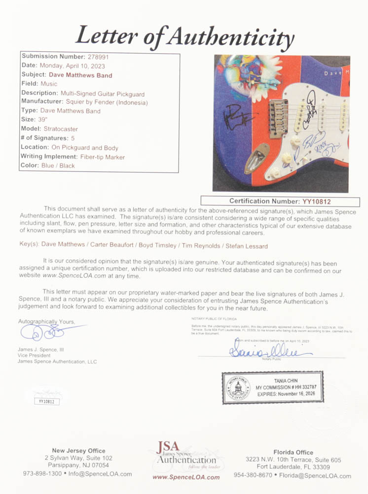 "Dave Matthews Band" 38" Custom Fender Electric Guitar Band-Signed by (5) with Dave Matthews, Carter Beaufort, Boyd Timsley, Tim Reynolds (JSA) at PristineAuction.com "Dave Matthews Band" 38" Custom Fender Electric Guitar Band-Signed by (5) with Dave Matthews, Carter Beaufort, Boyd Timsley, Tim Reynolds (JSA) at PristineAuction.com