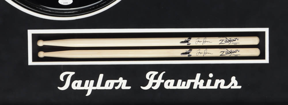 Taylor Hawkins Signed "Foo Fighters" Custom Framed Drumhead Display with (2) Artist Model Zildjian Drumsticks (JSA) at PristineAuction.com Taylor Hawkins Signed "Foo Fighters" Custom Framed Drumhead Display with (2) Artist Model Zildjian Drumsticks (JSA) at PristineAuction.com