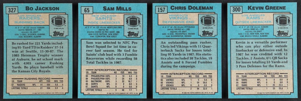 1988 Topps Football Complete Set of (396) Cards with Bo Jackson #327 RC, Sam Mills #65, Chris Doleman #157, Kevin Greene #300 at PristineAuction.com 1988 Topps Football Complete Set of (396) Cards with Bo Jackson #327 RC, Sam Mills #65, Chris Doleman #157, Kevin Greene #300 at PristineAuction.com