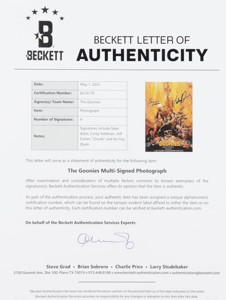 "The Goonies" 11x17 Movie Poster Signed by (4) with Sean Astin, Corey