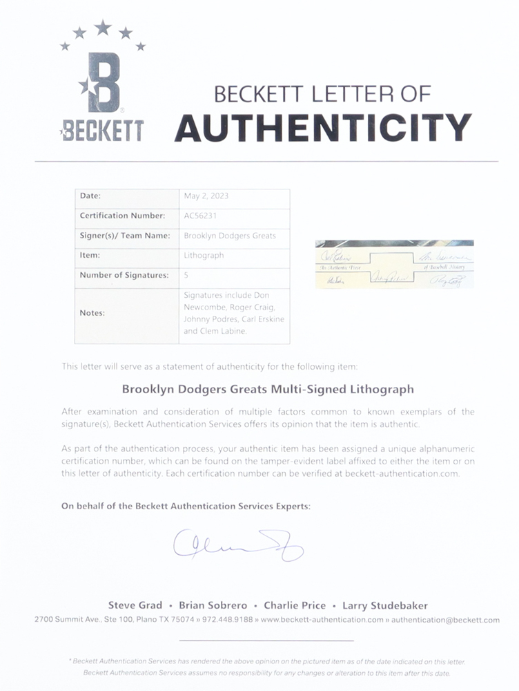 Dodgers Greats "Ebbets Field" 15x17 Lithograph Signed by (5) with Don Newcombe, Roger Craig, Johnny Podres, Carl Erskine (Beckett) at PristineAuction.com Dodgers Greats "Ebbets Field" 15x17 Lithograph Signed by (5) with Don Newcombe, Roger Craig, Johnny Podres, Carl Erskine (Beckett) at PristineAuction.com