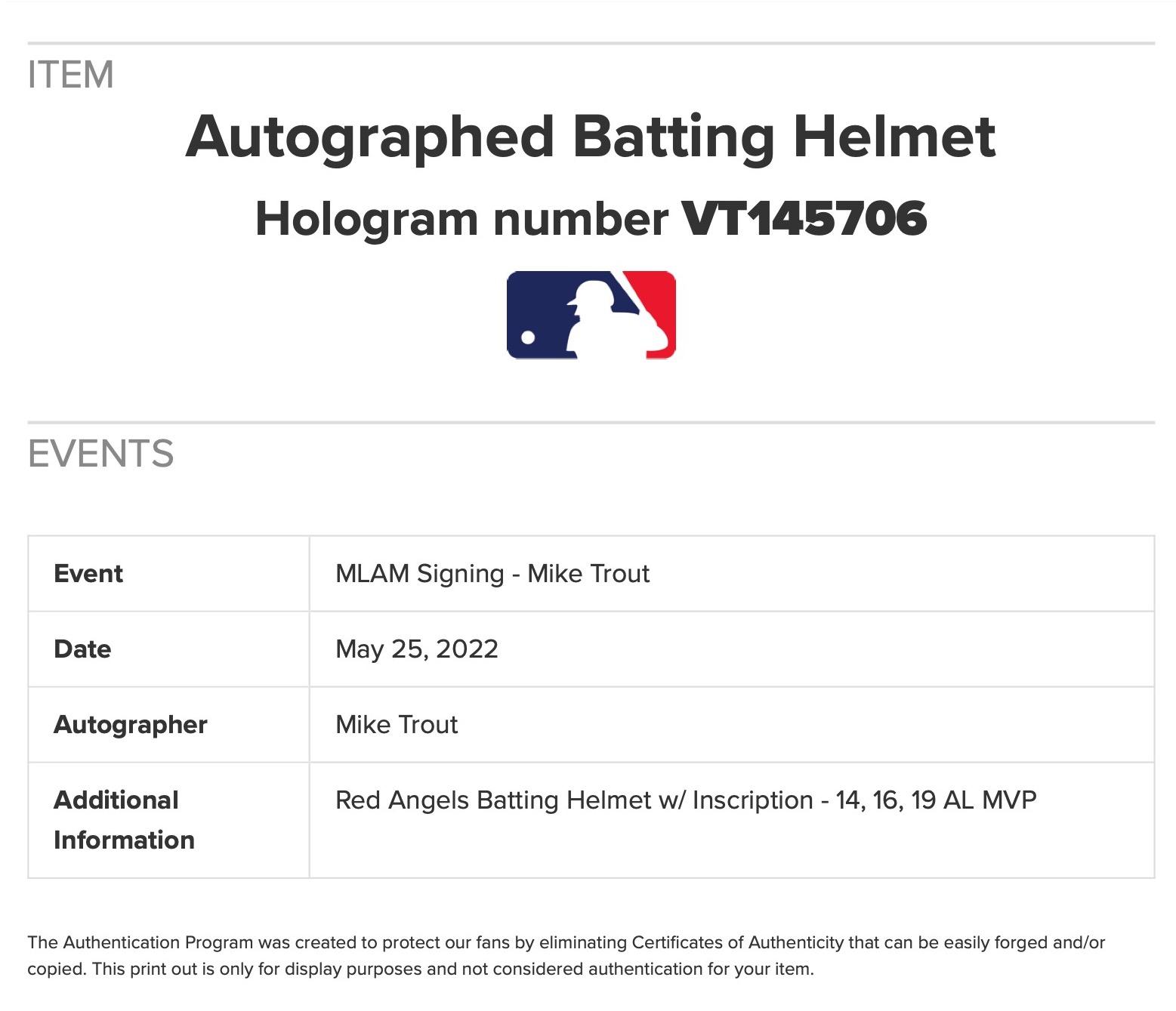 Mike Trout Signed Angels Full Size Helmet Inscribed "14, 16, 19 AL MVP" (MLB) at PristineAuction.com Mike Trout Signed Angels Full Size Helmet Inscribed "14, 16, 19 AL MVP" (MLB) at PristineAuction.com