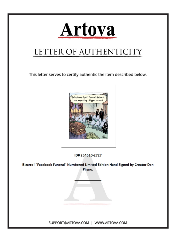 Bizarro "Facebook Funeral" LE 8x15 Giclee on Paper by Dan Piraro (Artova) at PristineAuction.com Bizarro "Facebook Funeral" LE 8x15 Giclee on Paper by Dan Piraro (Artova) at PristineAuction.com