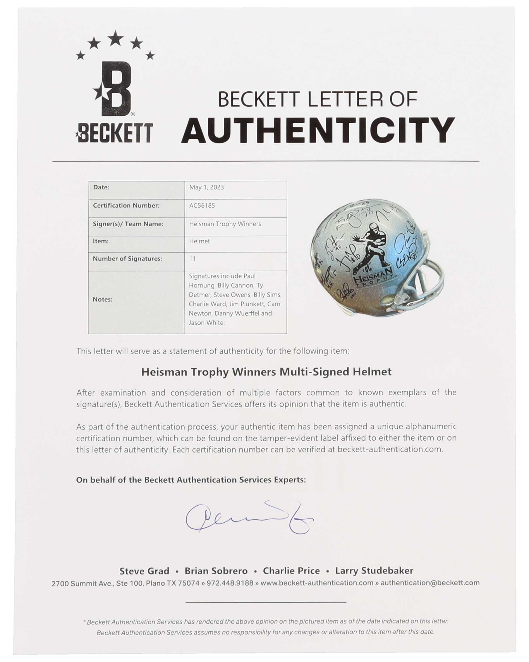 Heisman Trophy Winners Full-Size Helmet Signed by (11) with Paul Hornung, Billy Cannon, Ty Detmer, Steve Owens, Billy Sims (Beckett & JSA) at PristineAuction.com Heisman Trophy Winners Full-Size Helmet Signed by (11) with Paul Hornung, Billy Cannon, Ty Detmer, Steve Owens, Billy Sims (Beckett & JSA) at PristineAuction.com