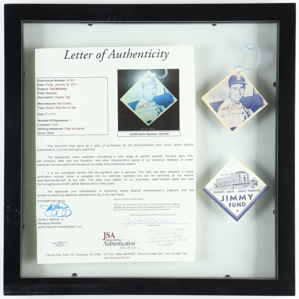 Ted Williams Signed Jimmy Fund Tag Custom Framed Display (JSA) at PristineAuction.com Ted Williams Signed Jimmy Fund Tag Custom Framed Display (JSA) at PristineAuction.com