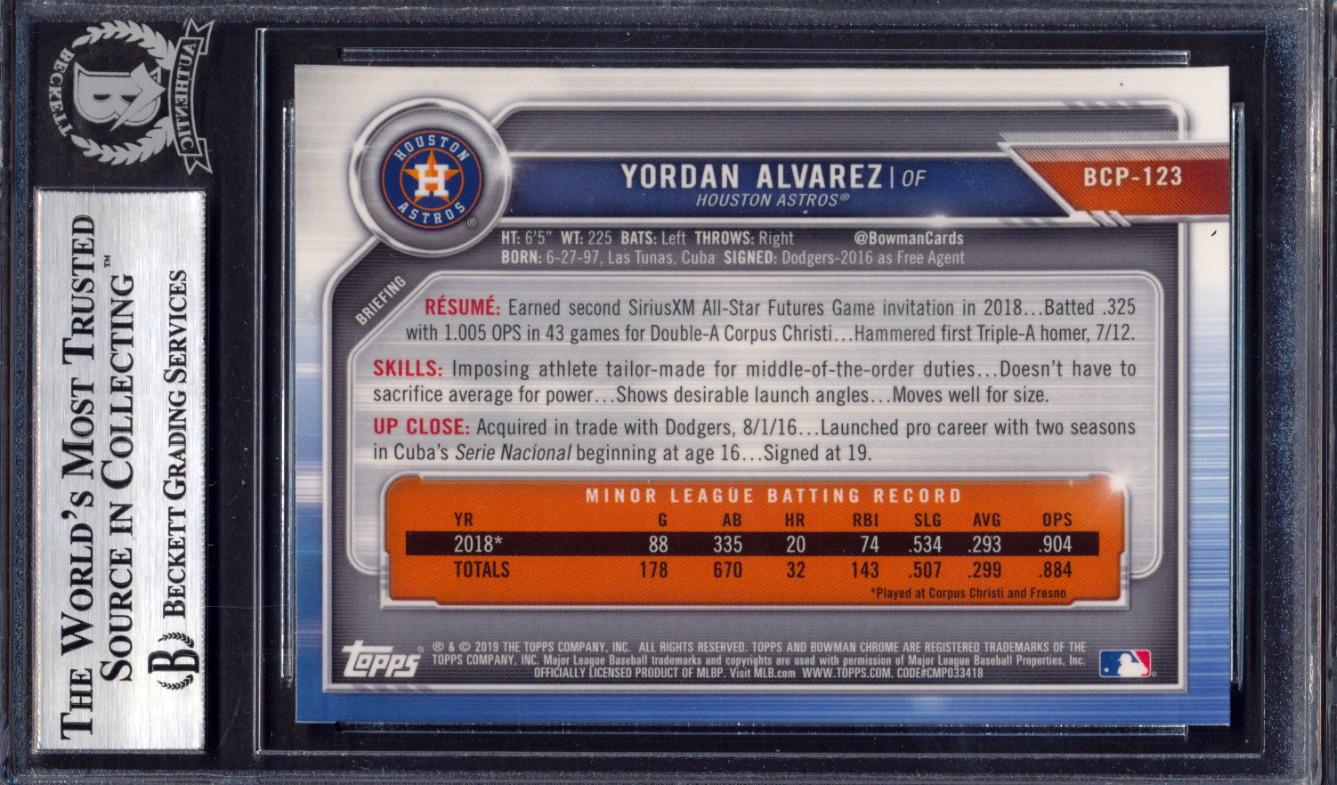 Yordan Alvarez Signed 2019 Bowman Chrome Mega Refractor RC (BAS) at PristineAuction.com Yordan Alvarez Signed 2019 Bowman Chrome Mega Refractor RC (BAS) at PristineAuction.com