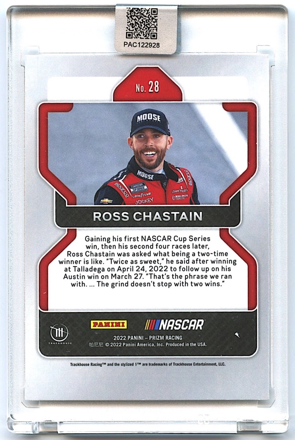 Ross Chastain Signed 2022 Panini Prizm #28 (PA Encapsulated) at PristineAuction.com Ross Chastain Signed 2022 Panini Prizm #28 (PA Encapsulated) at PristineAuction.com