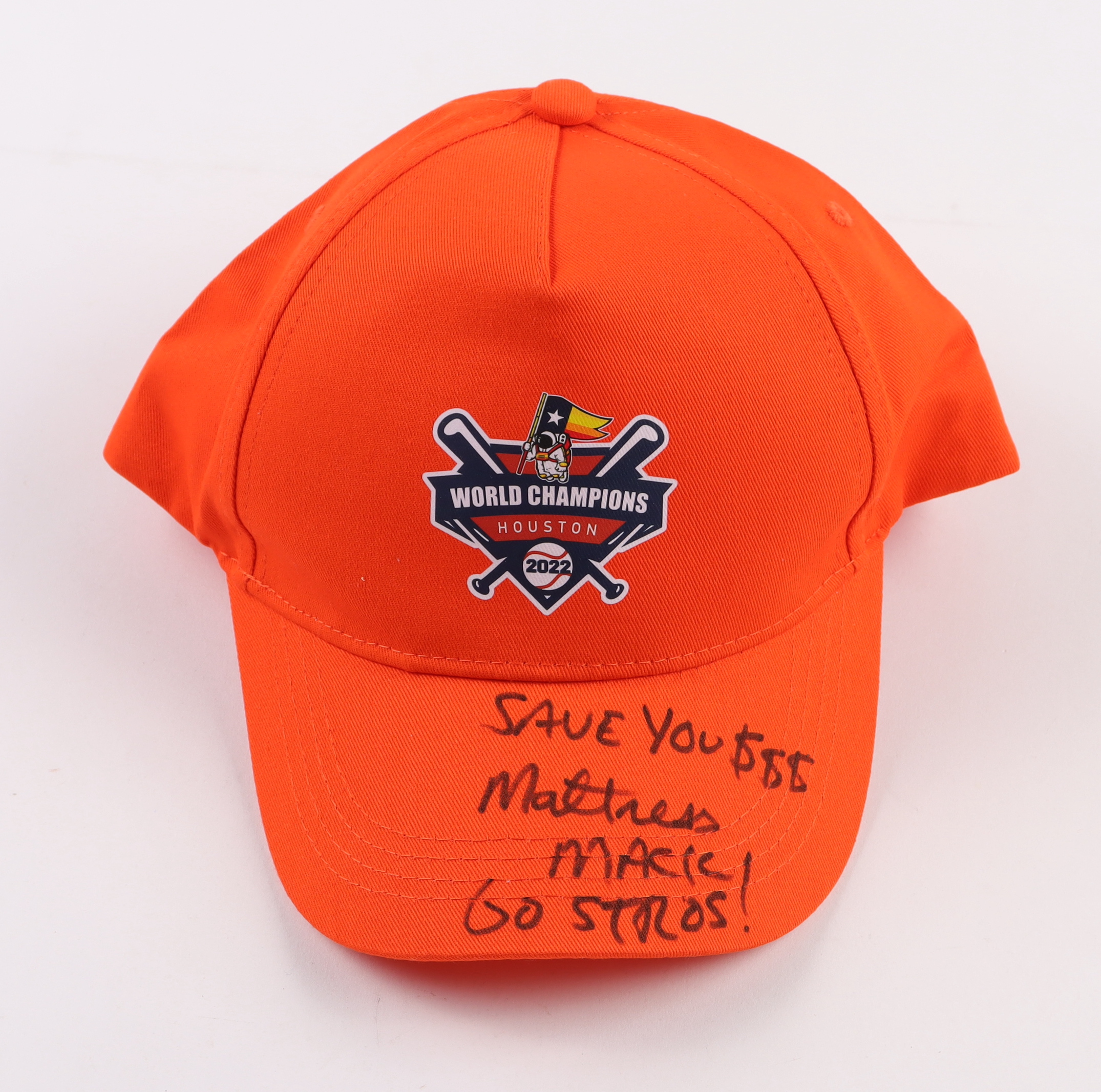 Jim "Mattress Mack" McIngvale Signed Astros 2022 World Champions Logo Adjustable Hat Inscribed "Save You $$$" & "!Go Stros!" (Beckett) at PristineAuction.com Jim "Mattress Mack" McIngvale Signed Astros 2022 World Champions Logo Adjustable Hat Inscribed "Save You $$$" & "!Go Stros!" (Beckett) at PristineAuction.com