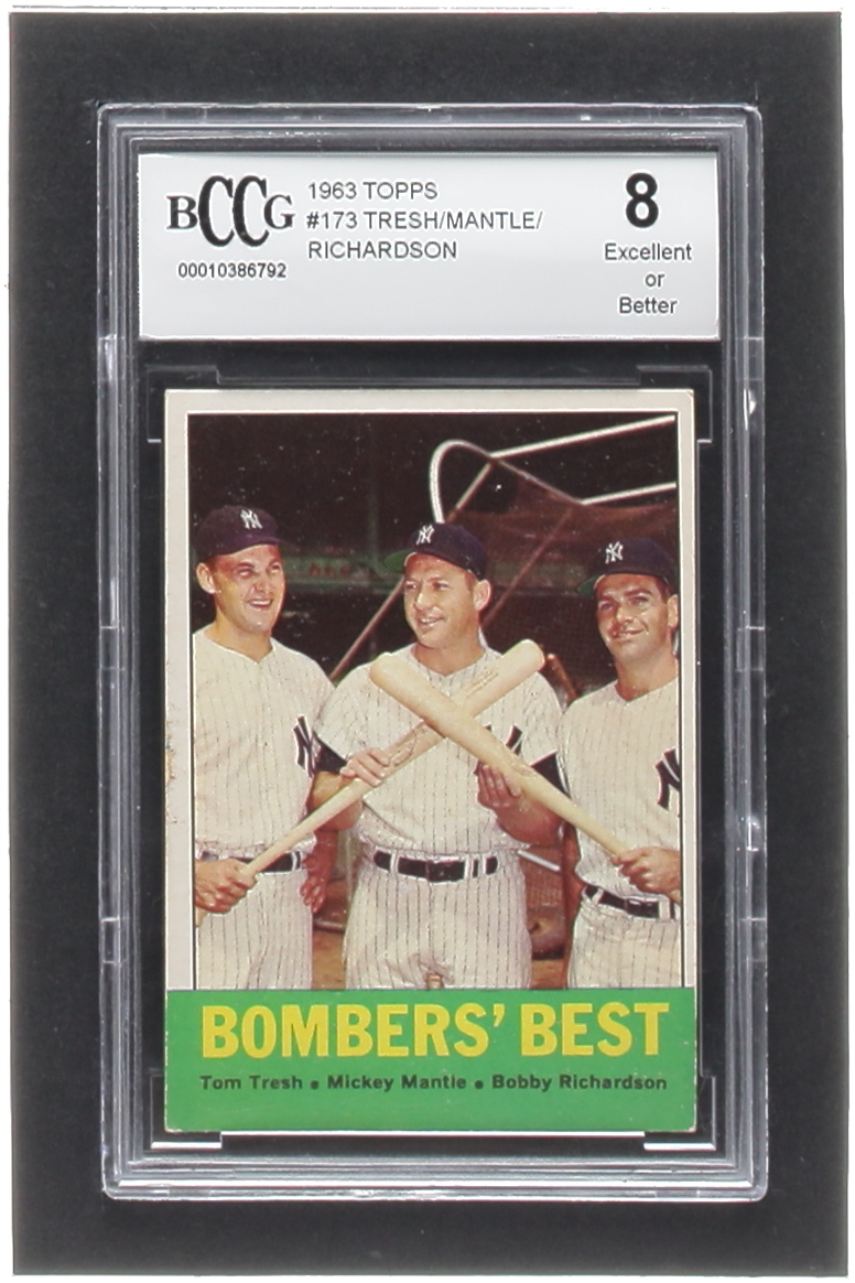 Tom Tresh / Mickey Mantle / Bobby Richardson 1963 Topps #173 Bomber's Best (BCCG 8) at PristineAuction.com Tom Tresh / Mickey Mantle / Bobby Richardson 1963 Topps #173 Bomber's Best (BCCG 8) at PristineAuction.com