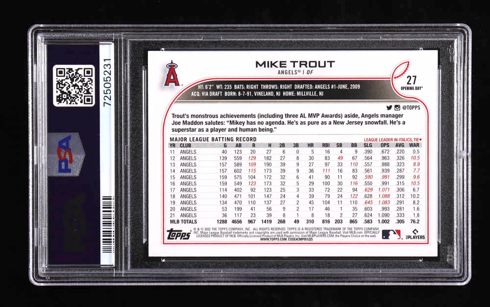 Mike Trout Signed 2022 Topps Opening Day #27 (PSA | Autograph Graded 9) at PristineAuction.com Mike Trout Signed 2022 Topps Opening Day #27 (PSA | Autograph Graded 9) at PristineAuction.com