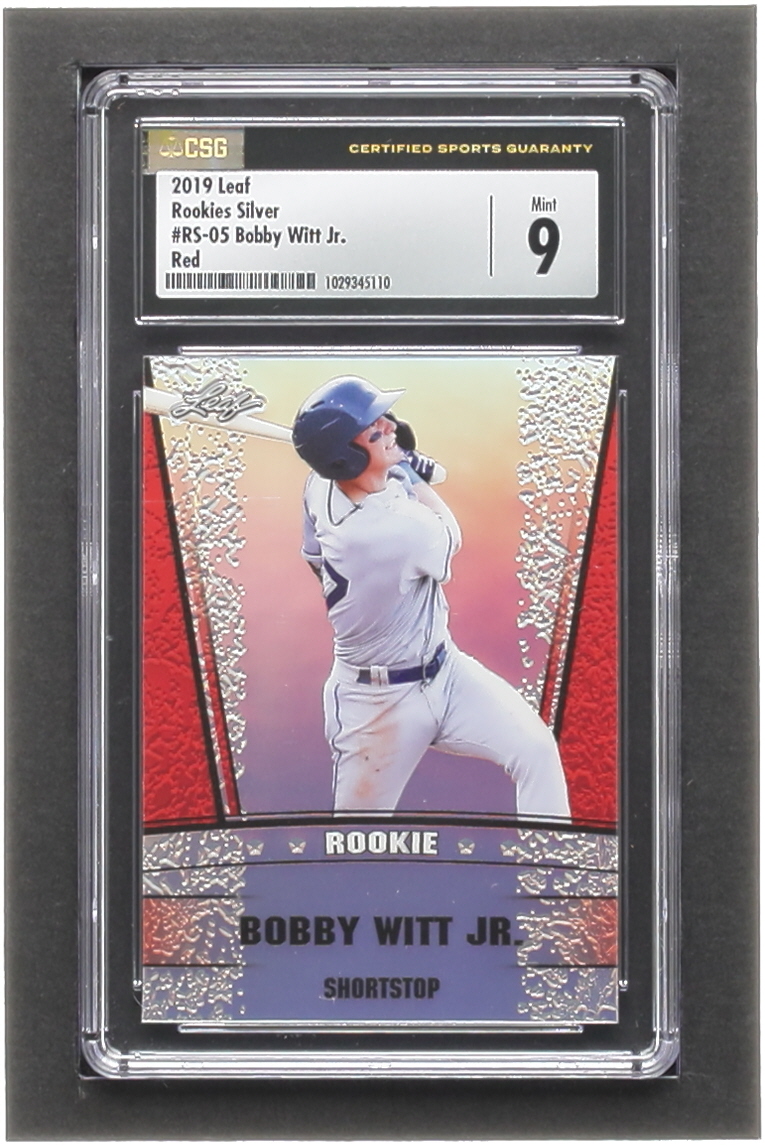 Bobby Witt Jr. 2019 Leaf Metal Special Release Rookie Silver Rainbow Red #SR1905 #1/2 RC (CSG 9) at PristineAuction.com Bobby Witt Jr. 2019 Leaf Metal Special Release Rookie Silver Rainbow Red #SR1905 #1/2 RC (CSG 9) at PristineAuction.com