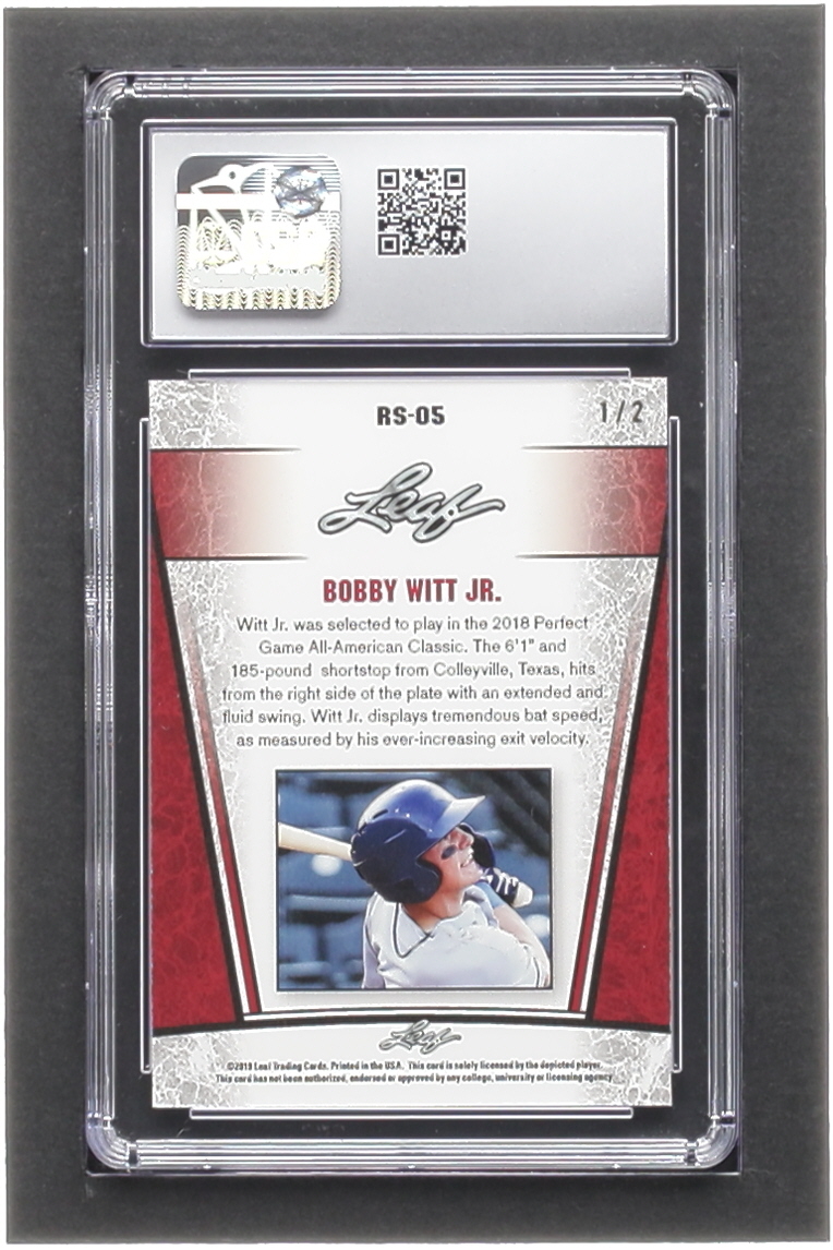 Bobby Witt Jr. 2019 Leaf Metal Special Release Rookie Silver Rainbow Red #SR1905 #1/2 RC (CSG 9) at PristineAuction.com Bobby Witt Jr. 2019 Leaf Metal Special Release Rookie Silver Rainbow Red #SR1905 #1/2 RC (CSG 9) at PristineAuction.com
