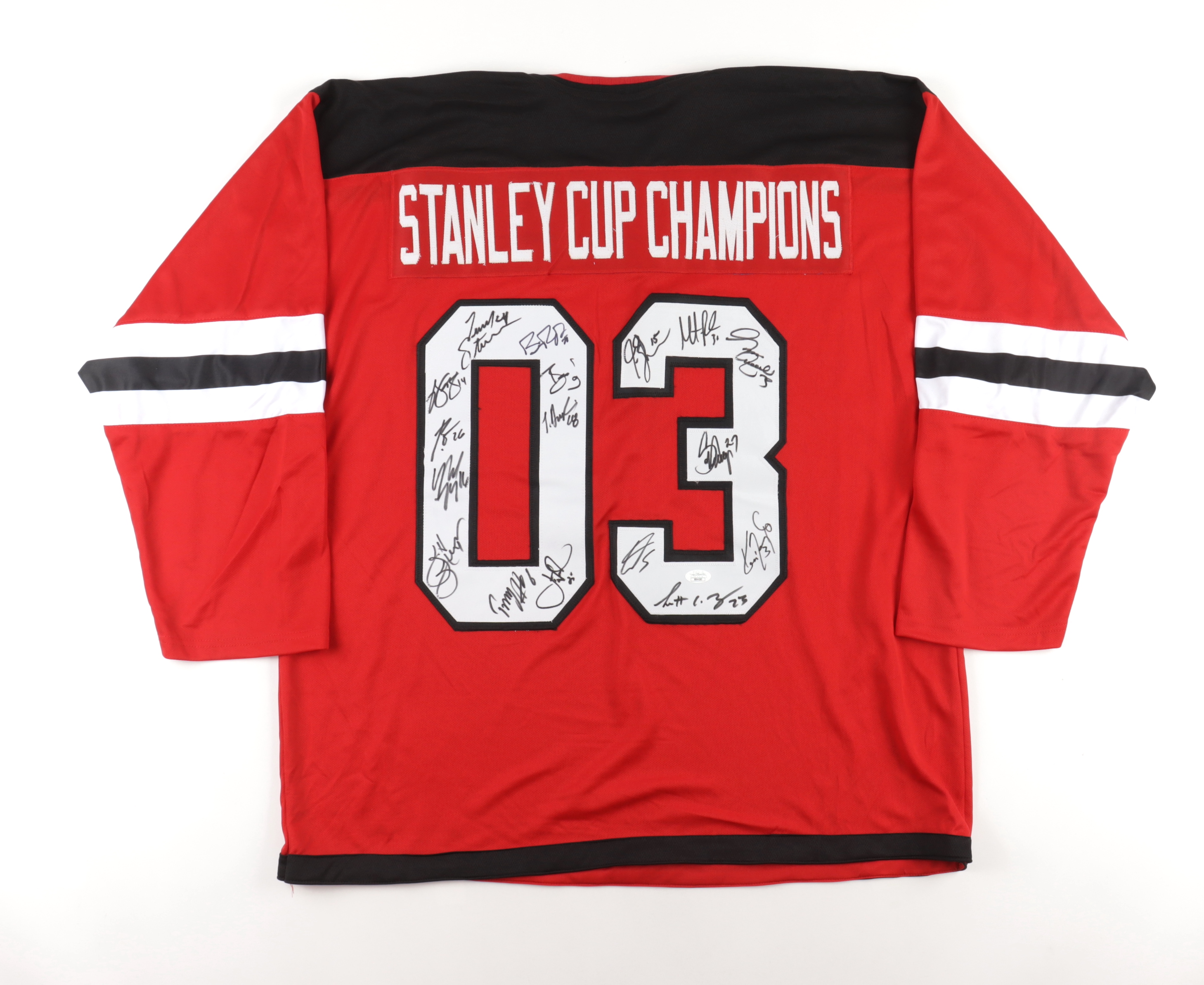 Devils Jersey Team-Signed by (17) with Martin Brodeur, Joe Nieuwendyk, Scott Stevens, Scott Niedermayer, Patrik Elias (JSA) at PristineAuction.com Devils Jersey Team-Signed by (17) with Martin Brodeur, Joe Nieuwendyk, Scott Stevens, Scott Niedermayer, Patrik Elias (JSA) at PristineAuction.com