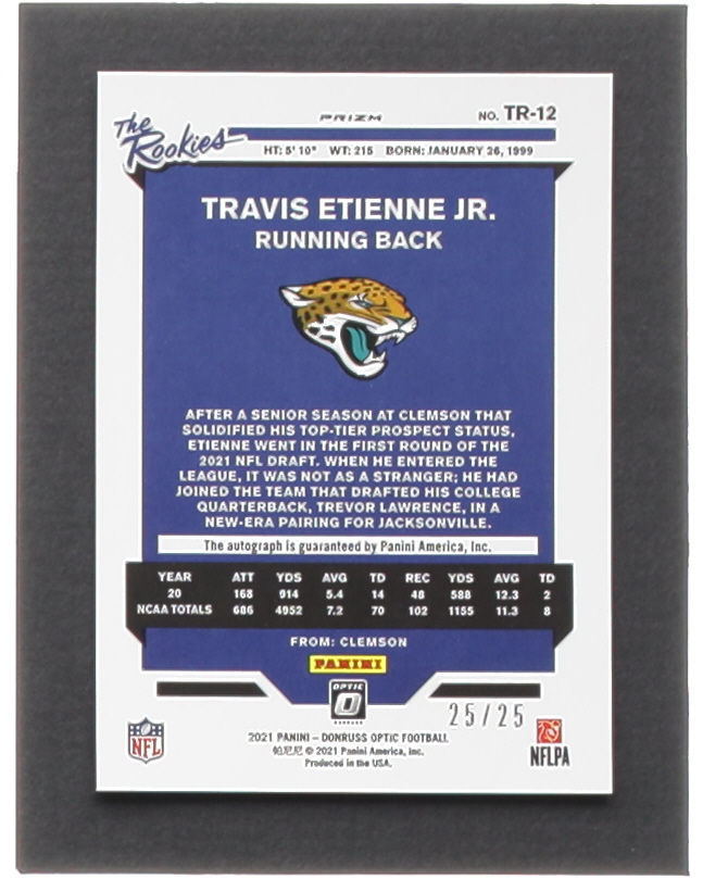 Travis Etienne Jr. 2021 Donruss Optic The Rookies Autographs Purple Stars #12 #25/25 RC at PristineAuction.com Travis Etienne Jr. 2021 Donruss Optic The Rookies Autographs Purple Stars #12 #25/25 RC at PristineAuction.com