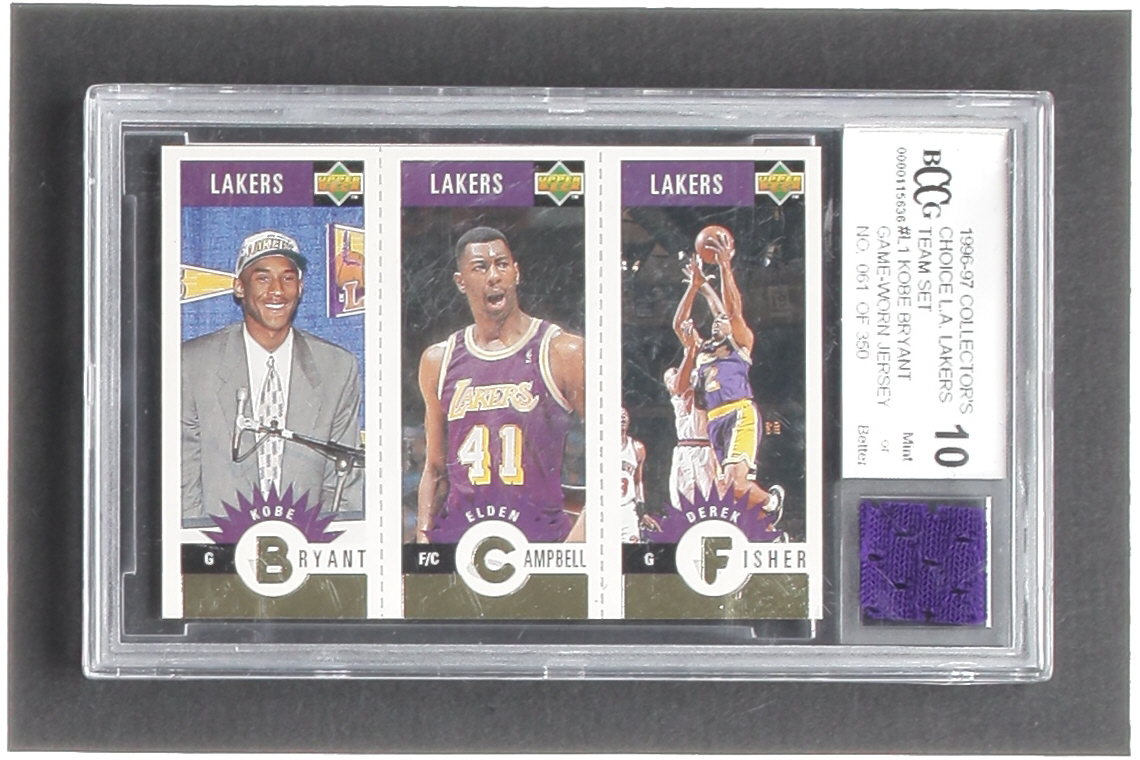 Kobe Bryant RC / Elden Campbell / Derek Fisher RC 1996-97 Collector's Choice Los Angeles Lakers #L1 with Game-Used Pants Piece (BCCG 10) at PristineAuction.com Kobe Bryant RC / Elden Campbell / Derek Fisher RC 1996-97 Collector's Choice Los Angeles Lakers #L1 with Game-Used Pants Piece (BCCG 10) at PristineAuction.com