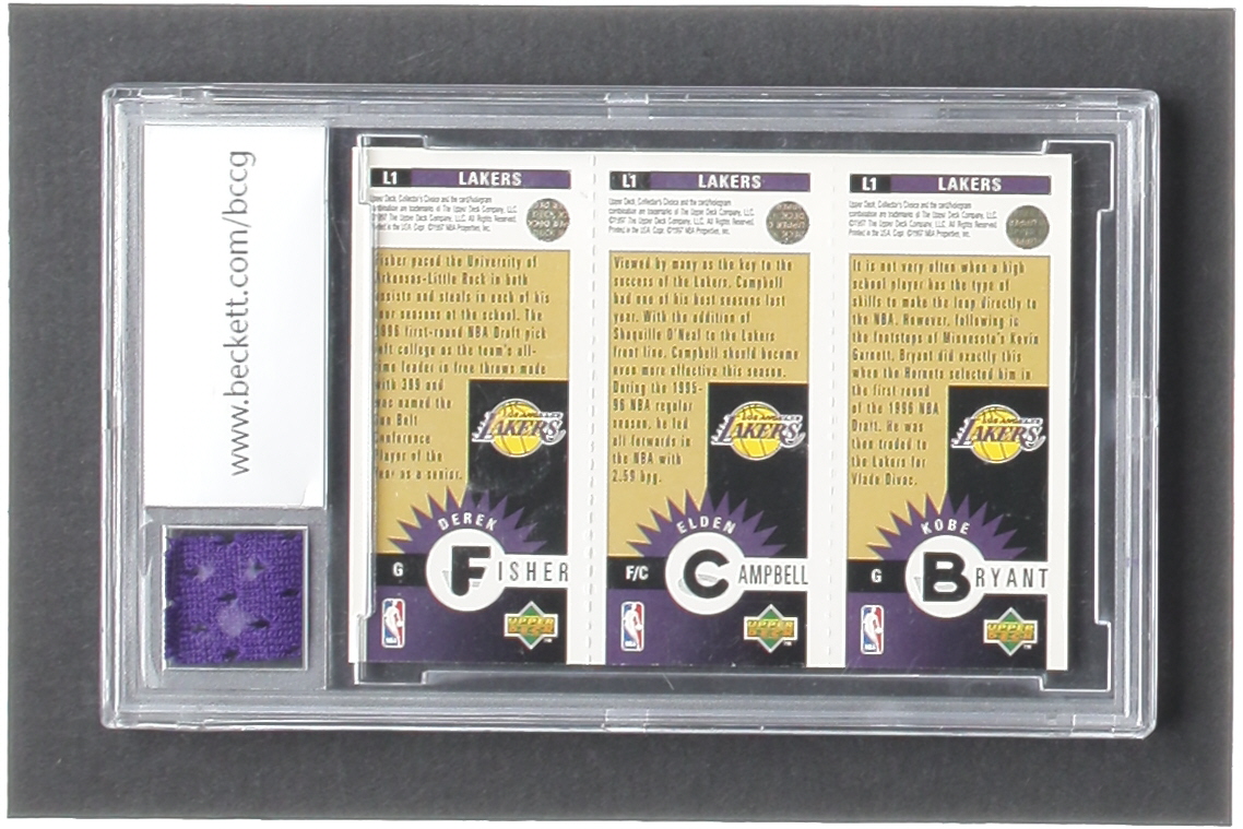 Kobe Bryant RC / Elden Campbell / Derek Fisher RC 1996-97 Collector's Choice Los Angeles Lakers #L1 with Game-Used Pants Piece (BCCG 10) at PristineAuction.com Kobe Bryant RC / Elden Campbell / Derek Fisher RC 1996-97 Collector's Choice Los Angeles Lakers #L1 with Game-Used Pants Piece (BCCG 10) at PristineAuction.com