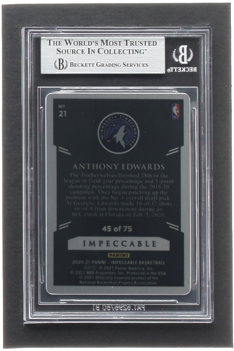 Anthony Edwards 2020-21 Panini Impeccable Stainless Stars Blue #21 RC #45/75 (BGS 9) at PristineAuction.com Anthony Edwards 2020-21 Panini Impeccable Stainless Stars Blue #21 RC #45/75 (BGS 9) at PristineAuction.com