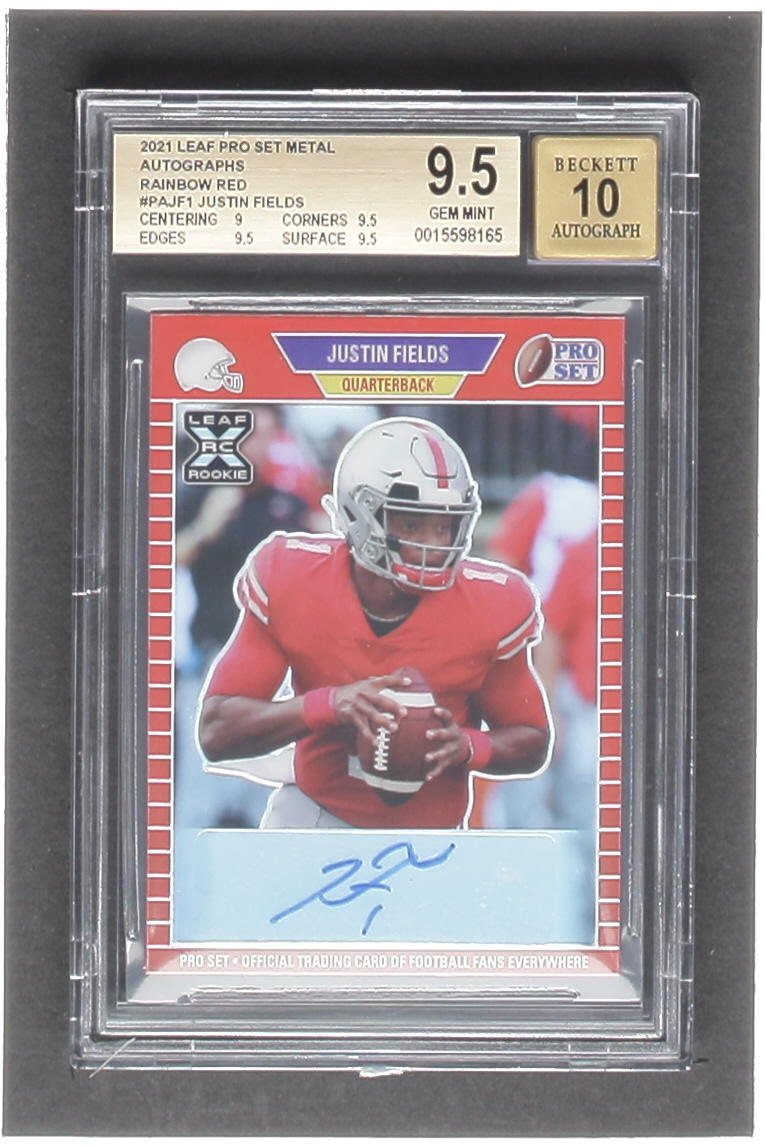Justin Fields 2021 Leaf Pro Set Metal Autographs Rainbow Red #PAJF1 #45/100 (BGS 9.5 | Autograph Graded 10) at PristineAuction.com Justin Fields 2021 Leaf Pro Set Metal Autographs Rainbow Red #PAJF1 #45/100 (BGS 9.5 | Autograph Graded 10) at PristineAuction.com