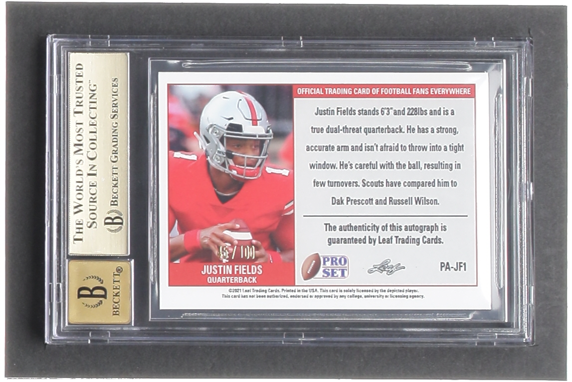 Justin Fields 2021 Leaf Pro Set Metal Autographs Rainbow Red #PAJF1 #45/100 (BGS 9.5 | Autograph Graded 10) at PristineAuction.com Justin Fields 2021 Leaf Pro Set Metal Autographs Rainbow Red #PAJF1 #45/100 (BGS 9.5 | Autograph Graded 10) at PristineAuction.com