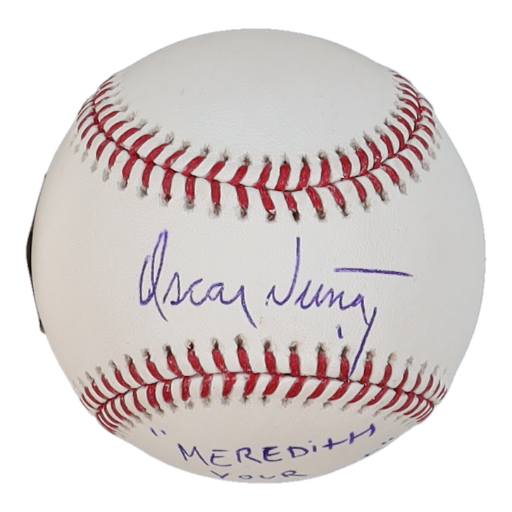 Oscar Nunez Signed OML Baseball Inscribed "Oscar" & "Meredith Your Boob Is Out" (Beckett) at PristineAuction.com Oscar Nunez Signed OML Baseball Inscribed "Oscar" & "Meredith Your Boob Is Out" (Beckett) at PristineAuction.com